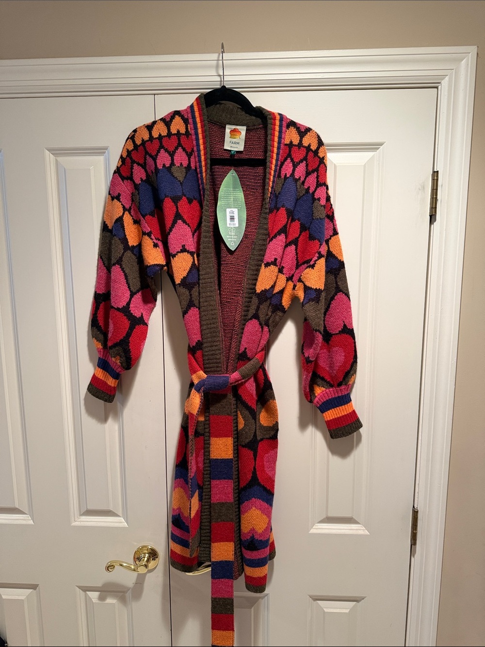 NWT Farm Rio Vintage-Style Multicolor Heart Knit Belted Cardigan Sweater
